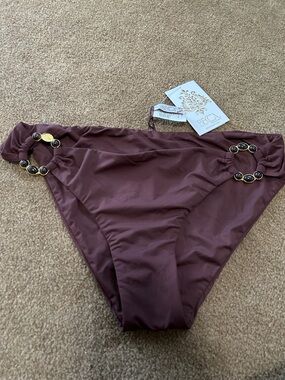 BECCA Mauve-Brown Bikini Bottom with Gold Ring Accents NEW with missing stone